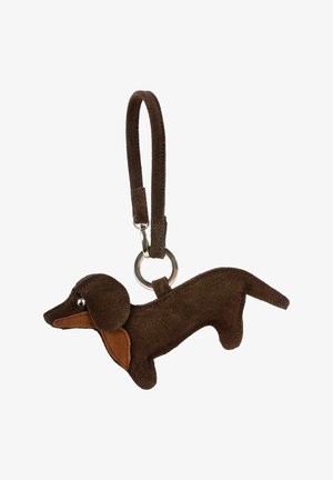 Brown suede keychain in the shape of a dachshund, featuring a short body, long ears, silver hardware, and a smooth texture.