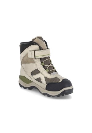 Hoge enkellaarzen voor wandelen in beige en olijfgroen met zwarte teenkap, mesh panelen, veters en een klittenbandriem voor een veilige sluiting.