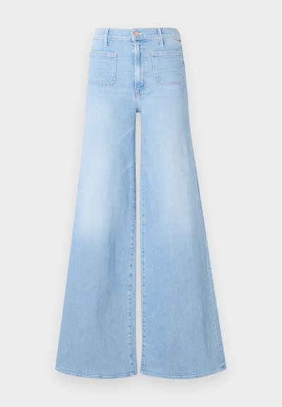 Light blue wide-leg jeans with a high waist, featuring a five-pocket design and a smooth denim texture. Flares outward from the knee.