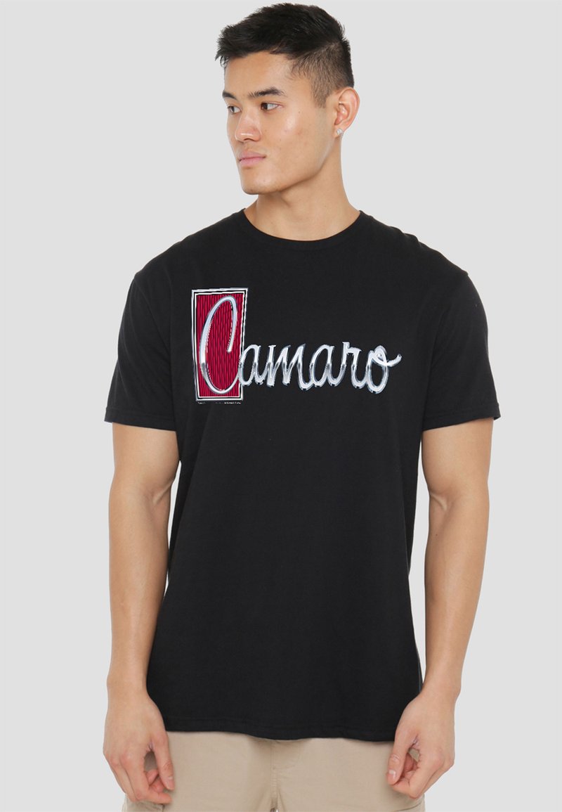 Black cotton t-shirt featuring a red and silver "Camaro" graphic print. Short sleeves and crew neckline.