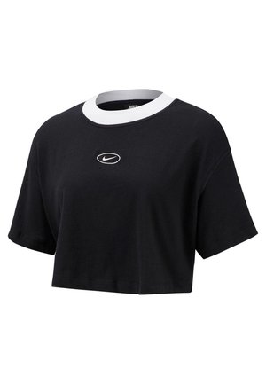 T-shirt Nike noir court à manches courtes avec col rond blanc et petit logo Nike swoosh blanc sur la poitrine.