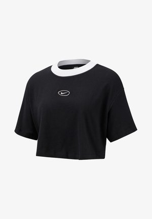 Czarny, krótki T-shirt Nike z białym okrągłym kołnierzykiem i małym białym logo Nike swoosh na piersi.