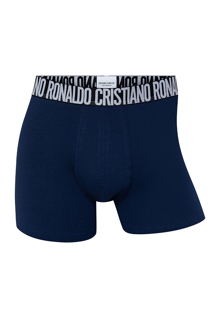 Bóxer de algodón azul marino con una cintura elástica de marca que presenta "CRISTIANO RONALDO" en letras blancas. Ajuste estructurado con una textura suave.