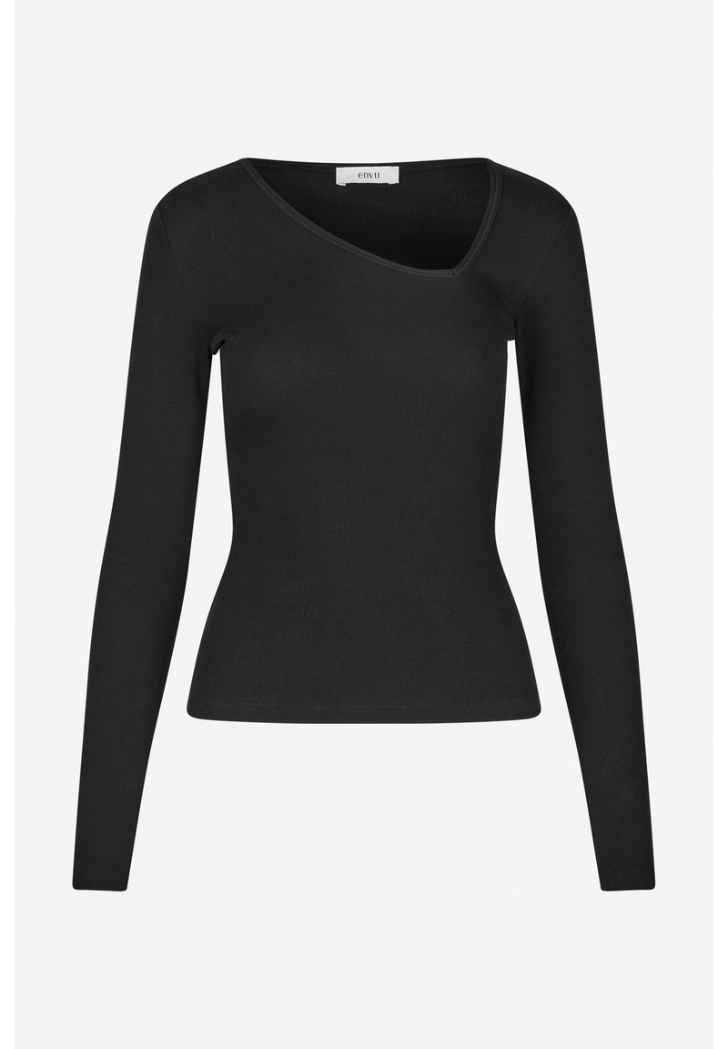 Svart långärmad topp med ribbad textur och asymmetrisk halsringning. Tajt silhuett med en jämn finish.