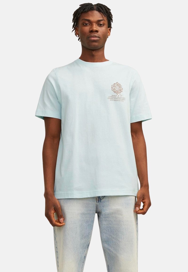 Tricou din bumbac de culoare albastru deschis, cu guler rotund, mâneci scurte și un design grafic decorativ de culoare bej pe pieptul stâng. Purtați cu blugi decolorati.