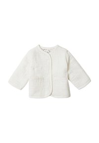 Gepolsterte weiße Jacke mit langen Ärmeln, Rundhalsausschnitt, Druckknopfverschluss und zwei vorderen Taschen. Weicher, strukturierter Stoff mit einem subtilen Muster.