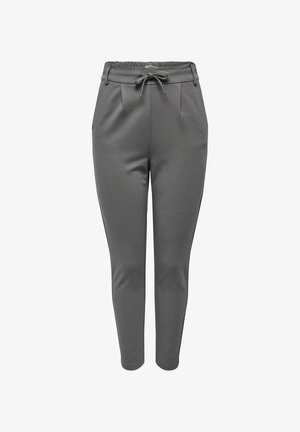 Gray jogging pants with an elastic waistband and drawstring. Features two front pockets and a tapered design with a smooth texture.