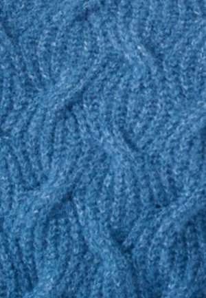 Getextureerde blauwe stof met een patroon van in elkaar grijpende golven. Het materiaal lijkt zacht en pluizig, met subtiele schaduwvariaties.