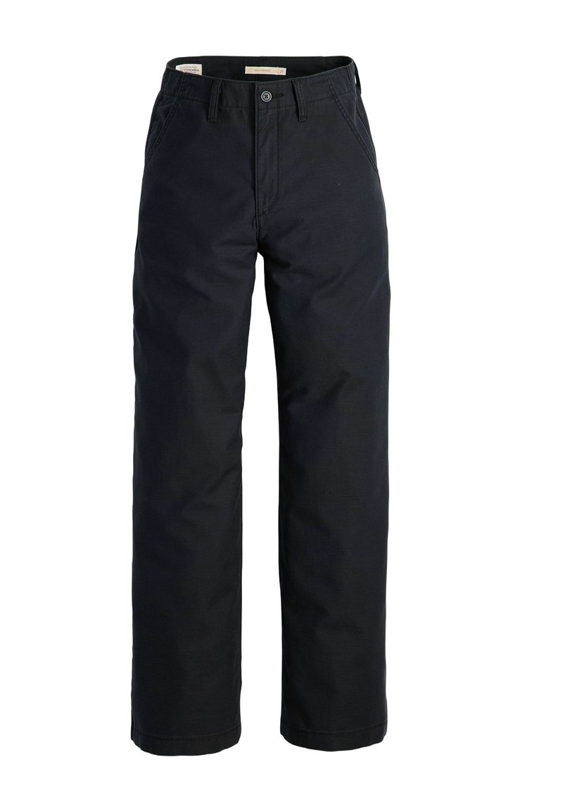 Pantaloni di cotone neri con un design a gamba dritta, dotati di due tasche frontali e chiusura con bottone. Texture liscia e stile classico.