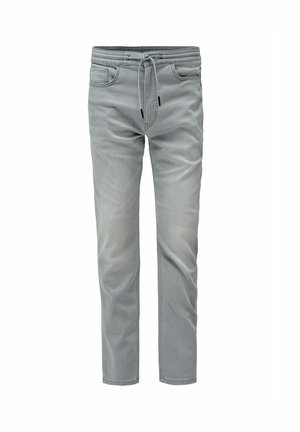 Pantalones deportivos grises con cintura elástica, cierre ajustable, bolsillos frontales y una textura ligera y suave. Piernas lisas y ajustadas.