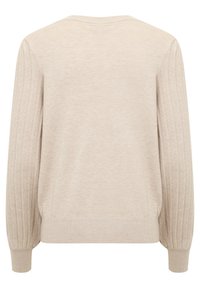 Beige neulepusero, jossa on pyöreä pääntie, ribattu hihansuut ja sileä pinta. Ominaisuuksiin kuuluu rento istuvuus ja minimalistinen muotoilu.