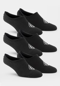 Schwarze Knöchelsocken mit glatter Textur; an der Seite befindet sich ein weißes Logo und sie haben ein niedrig geschnittenes Design. Packung mit fünf Paar.