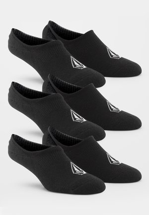 Svarta ankelsockor med en slät textur; har en vit logotyp på sidan och en lågt skuren design. Förpackning med fem par.