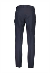 Granatowe spodnie slim-fit, wykonane z lekkiego materiału, charakteryzujące się gładką fakturą, dwiema tylnymi kieszeniami zapinanymi na guziki oraz dopasowanym krojem.