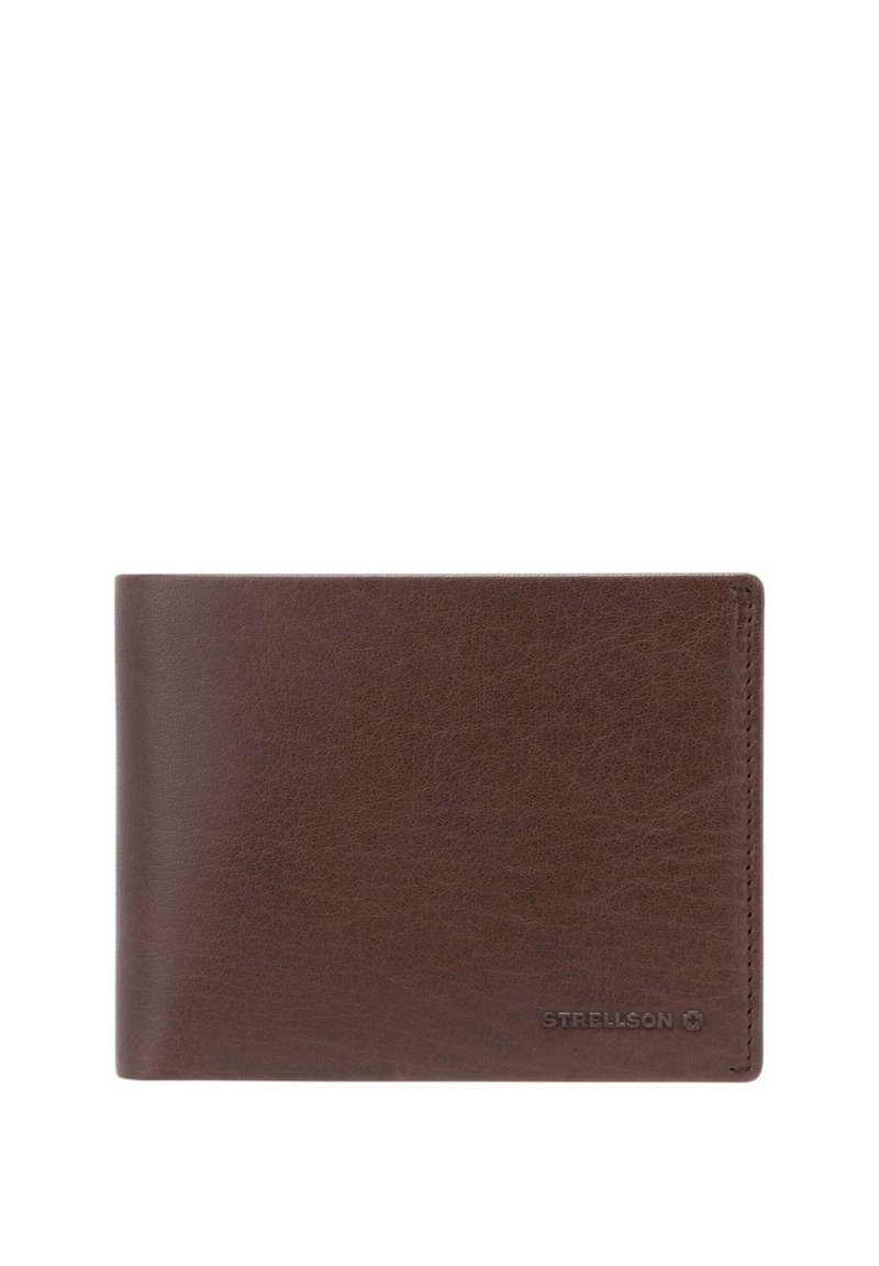 Brown leather wallet with a smooth texture, bi-fold design, and embossed brand logo on the lower right corner.