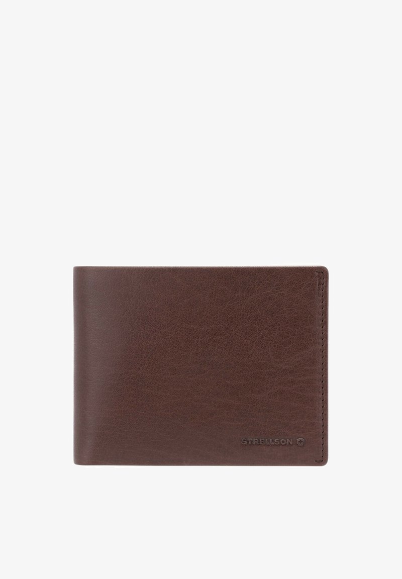 Brown leather wallet with a smooth texture, bi-fold design, and embossed brand logo on the lower right corner.