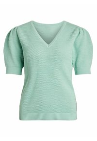 Maglione verde menta testurizzato con scollatura a V, maniche corte a sbuffo e orlo a coste. Presenta un motivo lavorato a maglia e un tessuto morbido.