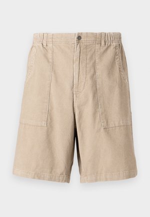 Beige corduroy shorts met een gestructureerde stof, twee zijzakken, een elastische tailleband en een enkele knoopsluiting.