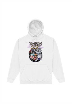 Weißer Kapuzenpullover mit bunten Yu-Gi-Oh GX Anime-Charakteren und Logo, zentriert über der Fronttasche.