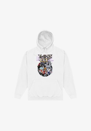 Biała bluza z kapturem z kolorowymi postaciami z anime Yu-Gi-Oh GX oraz logo umieszczonym na środku nad przednią kieszenią.
