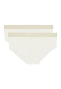 Twee paar witte katoenen onderbroeken met lichtbeige elastische taillebanden, voorzien van "Marc O'Polo" merk op de tailleband.
