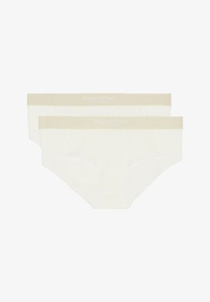 Due paia di slip in cotone bianco con elastico beige chiaro in vita, caratterizzati dal marchio "Marc O'Polo" sulla cintura.