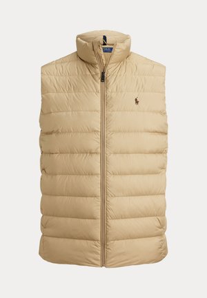 Beige gesteppte Weste mit hohem Kragen, Frontreißverschluss und horizontalem Steppmuster. Auf der Brust befindet sich ein kleines gesticktes Logo.