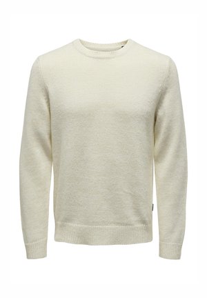 Hellbeige Strickpullover mit Rundhalsausschnitt, langen Ärmeln und gerippten Bündchen. Strukturmuster mit glattem Finish.