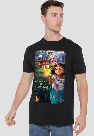 Black T-shirt featuring a colorful printed design from Disney's "Encanto," depicting a character with butterflies, floral patterns, and a vibrant background.