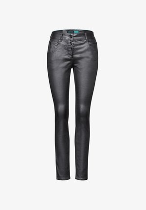 Pantalon slim noir pour femme avec une finition brillante effet cuir, fermeture à boutons et poches avant.