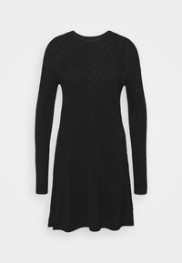 Schwarz langärmliges Kleid aus weichem Strickstoff, mit einem strukturierten V-Muster über der Brust und einem ausgestellten Saum.