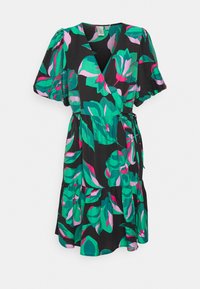 Vestido preto em tecido envolvente com um padrão floral vibrante em verde e rosa. Manga curta em balão e saia em camadas com detalhe de laço lateral.
