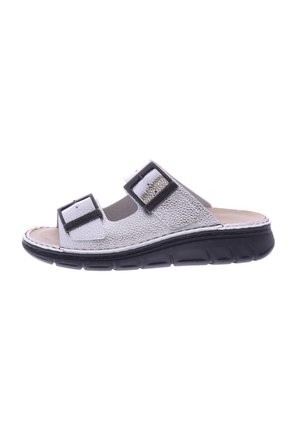 Silver sliding sandal with textured leather upper, black strap accents and buckles, cushioned insole, and flexible black outsole.