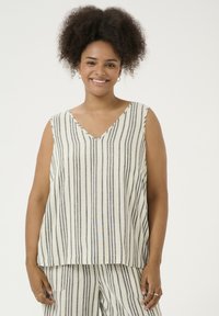 Mouwloze, lichte top in crème met verticale zwarte en grijze strepen. V-hals ontwerp, relaxed fit en zachte textuur.