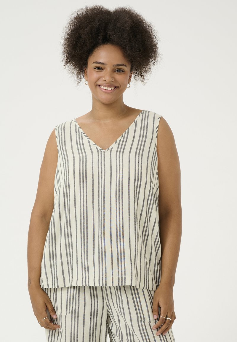 Mouwloze, lichte top in crème met verticale zwarte en grijze strepen. V-hals ontwerp, relaxed fit en zachte textuur.