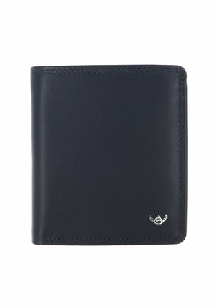 Portefeuille noir en cuir bifold avec des coutures soignées et un petit logo argenté avec des cornes dans le coin inférieur droit.