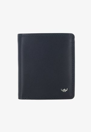 Schwarzes Leder-Bifold-Portemonnaie mit sauberer Naht und kleinem silbernem Hörner-Logo in der unteren rechten Ecke.