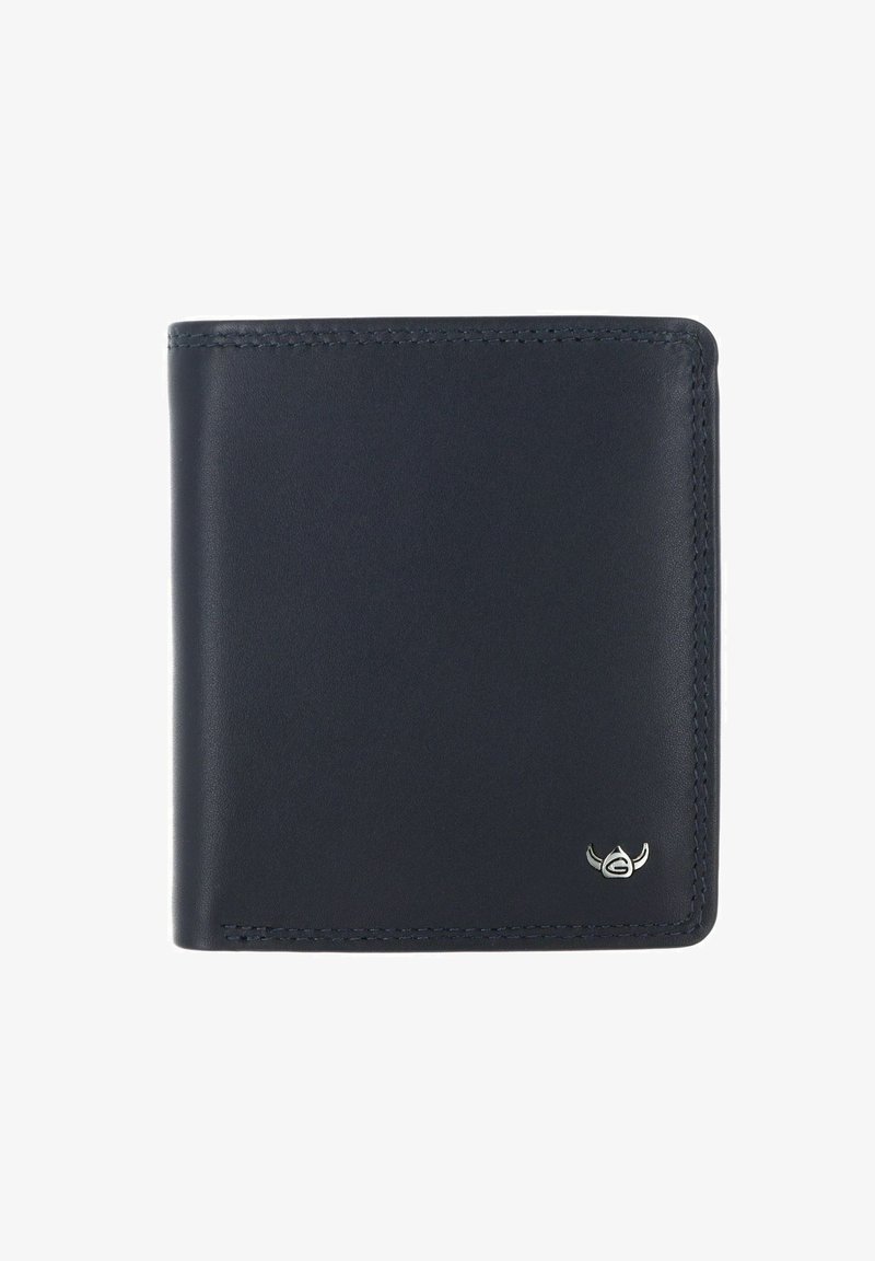 Portefeuille noir en cuir bifold avec des coutures soignées et un petit logo argenté avec des cornes dans le coin inférieur droit.