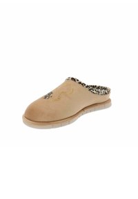 Pantofole beige senza lacci con un morbido esterno in suede, fodera con stampa leopardata e cuciture decorative dorate sulla parte superiore. Suola piatta in gomma.