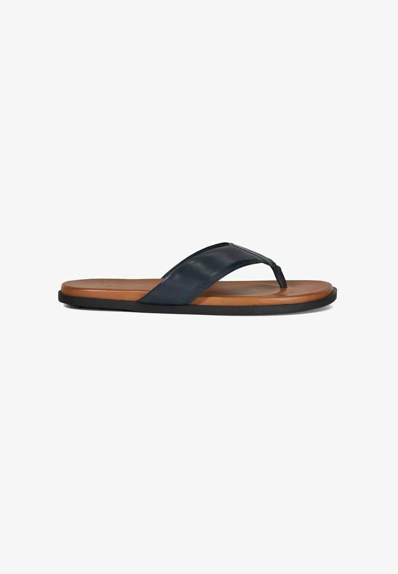 Men's flip-flops with a navy leather strap, brown textured insole, and black rubber outsole. Simple design with a toe post.