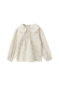 Blusa floreale leggera con uno sfondo crema morbido, grande colletto rotondo, dettaglio frontale arricciato e polsini elasticizzati.