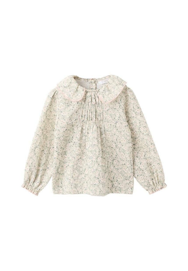 Blusa floreale leggera con uno sfondo crema morbido, grande colletto rotondo, dettaglio frontale arricciato e polsini elasticizzati.