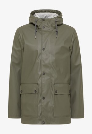 Alyvuogių spalvos vandeniui atspari striukė su kapišonu. Yra prispaudžiami mygtukai, dvi priekinės kišenės ir pilka vidinė pamušalas. Lygus, blizgus paviršius.