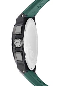 Orologio nero e verde con un cinturino in silicone testurizzato, corona prominente e più pulsanti. Il retro della cassa circolare in metallo è visibile.