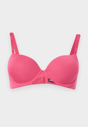 Soutien-gorge rose rembourré avec armatures et bretelles réglables arborant le logo "BOSS" sur les bretelles et l'étiquette centrale avant.