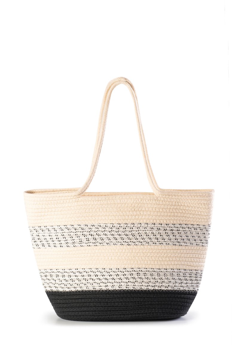 Torebka tote wykonana z tkaniny o szerokim, otwartym kształcie, w naprzemiennie ułożone beżowe, białe i czarne paski, z mocnymi, brązowymi uchwytami. Teksturowany materiał.