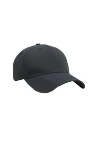 Czarna czapka baseballowa z zakrzywionym daszkiem, wykonana z teksturowanej tkaniny. Ma haftowane szwy oraz niewielkie logo z przodu.