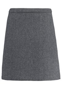 Harmaa A-linjainen villahame, jossa on hienovarainen herttainen kuviointi ja yksinkertainen vyötärö, ilman näkyviä sulkemisia tai koristeluita.