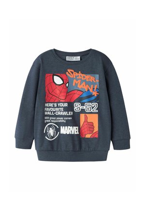 Sweat-shirt gris foncé avec motif Spider-Man, illustration de pouce levé et texte faisant référence à Spider-Man et Marvel.