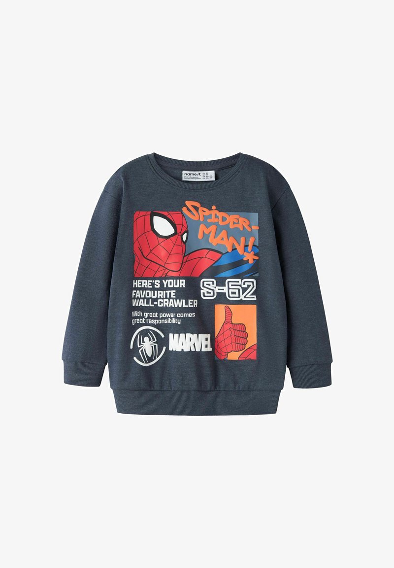 Sweat-shirt gris foncé avec motif Spider-Man, illustration de pouce levé et texte faisant référence à Spider-Man et Marvel.